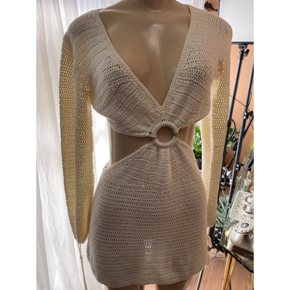 Beginning Boutique Crochet O-Ring Cutout Mini Dress Cream Boho Long Sleeve Sz 6